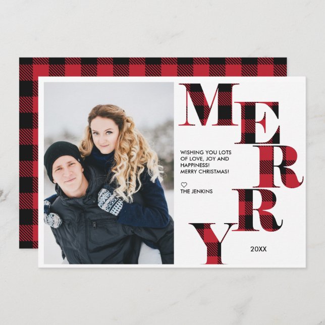 Merry | Red Buffalo Plaid Photo Holiday Invitation (Front/Back)