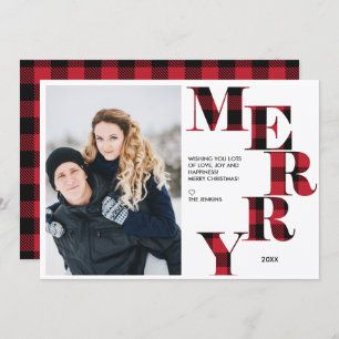 Merry   Red Buffalo Plaid Photo Holiday Invitation