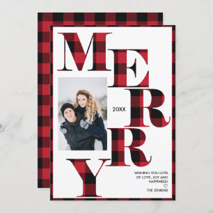 Merry   Red Buffalo Plaid Vertical Photo Holiday Invitation