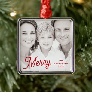 Merry red festive retro font name year photo metal ornament