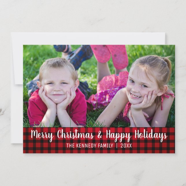 Merry Red Plaid Christmas Photo Holiday Card (Front)