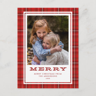 Merry Red Plaid Single Photo Christmas Holiday Postcard