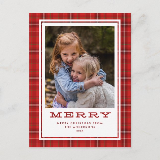 Merry Red Plaid Single Photo Christmas Holiday Postcard (Front)