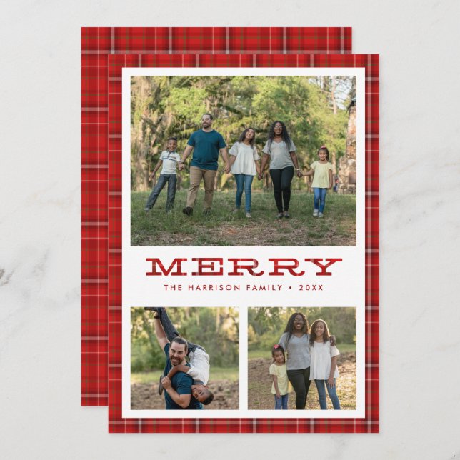 Merry Red Plaid Three Photo Christmas Holiday Card (Front/Back)