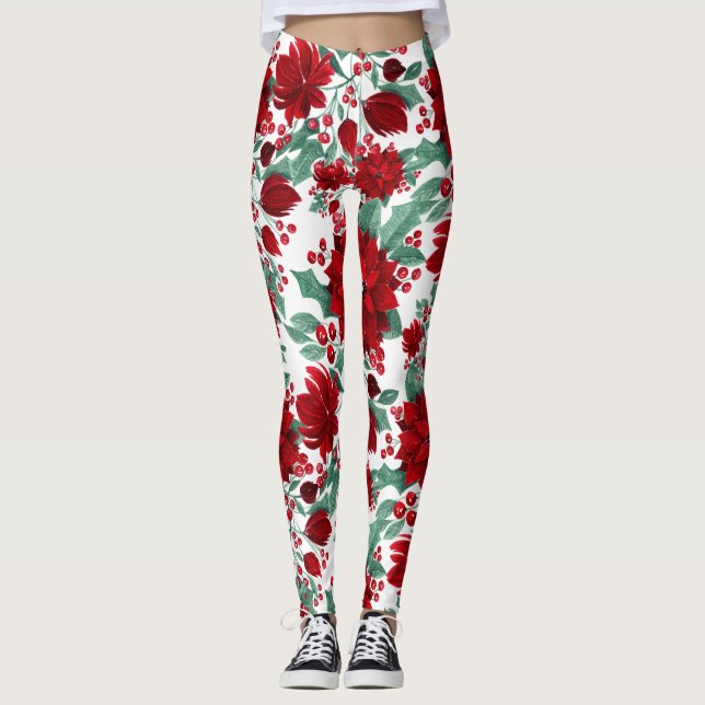 Merry Red Poinsettia Flowers Ivy Leaves Watercolor Leggings (Front)