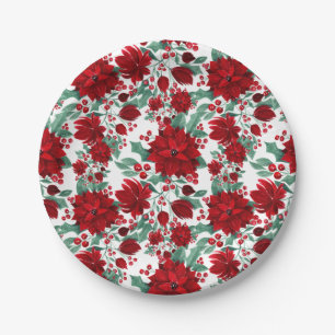 Merry Red Poinsettia Flowers Ivy Leaves Watercolor Paper Plate