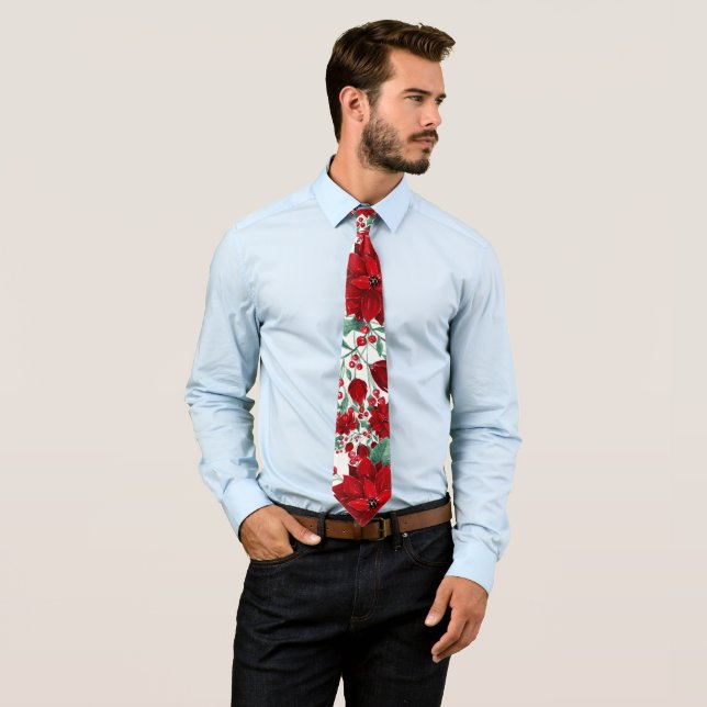 Merry Red Poinsettia Flowers Ivy Leaves Watercolor Tie (In Situ)
