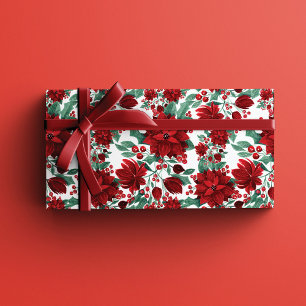 Merry Red Poinsettia Flowers Ivy Leaves Watercolor Wrapping Paper Sheet