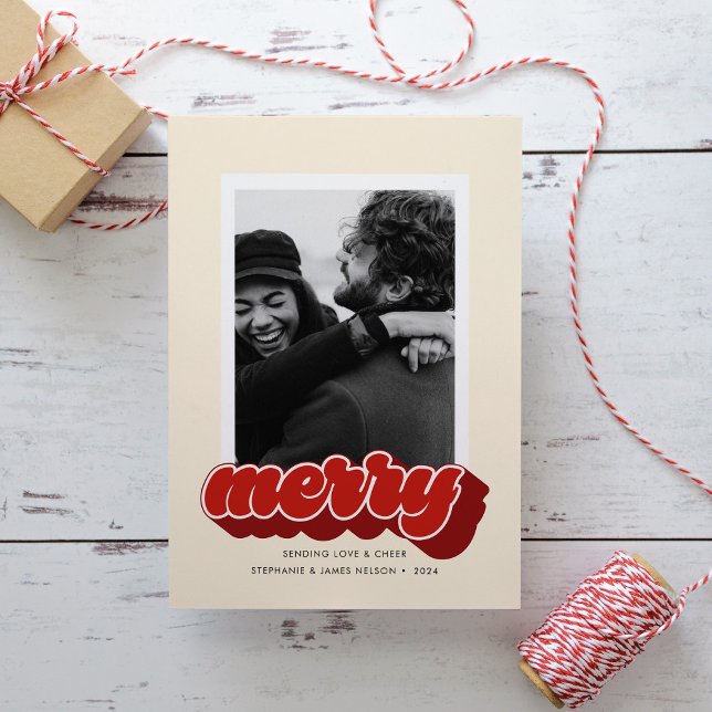 Merry Red Retro Script Christmas Photo Holiday Card (Creator Uploaded)