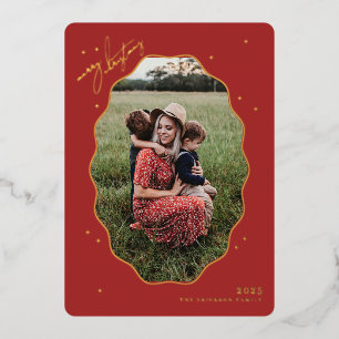 Merry Red Scallop Frame Holiday Photo Card