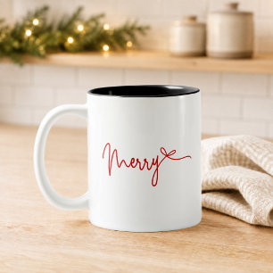 Merry Red Script Bow Christmas Two-Tone Coffee Mug