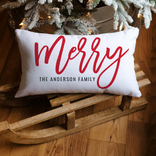 Merry Red Script Family Name Christmas Lumbar Cushion