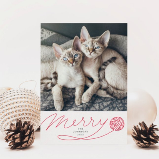 Merry Red Yarn Ball Cat Photo Holiday Card (Creator Uploaded)