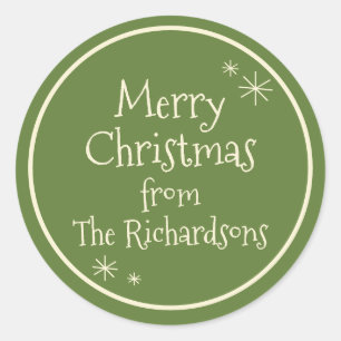 Merry Retro Vintage Minimal Cute Christmas Green Classic Round Sticker