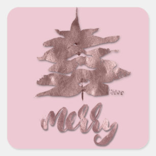 Merry Rose Gold Mauve Christmas Tree Metal Copper Square Sticker