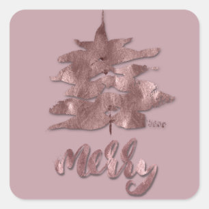 Merry Rose Gold Mauve Christmas Tree Metallic Copp Square Sticker
