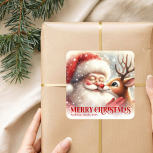 Merry Santa Claus Rudolph Personalized Kids Gift Square Sticker