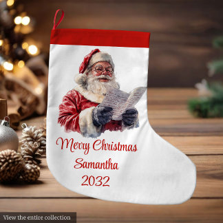 Merry Santa Claus Rustic Custom Name Editable Large Christmas Stocking