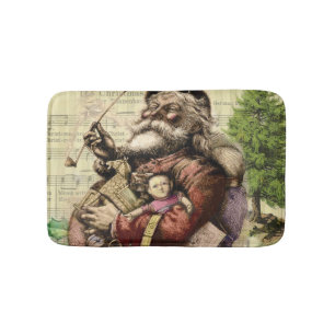 Merry Santa Claus Tree Classic Illustration Bath Mat