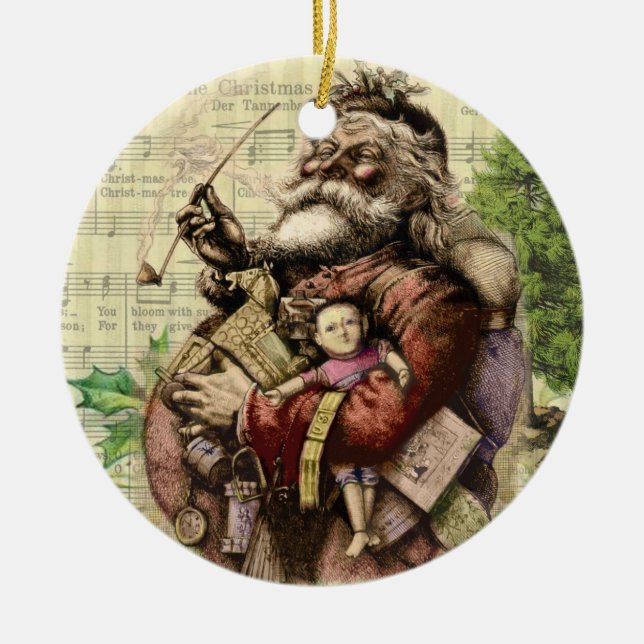 Merry Santa Claus Tree Classic Illustration Ceramic Ornament (Front)