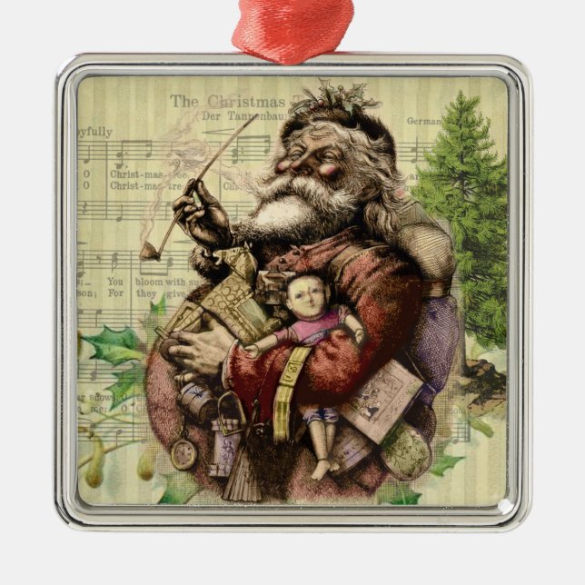 Merry Santa Claus Tree Classic Illustration Metal Ornament (Front)