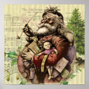 Merry Santa Claus Tree Classic Illustration Poster