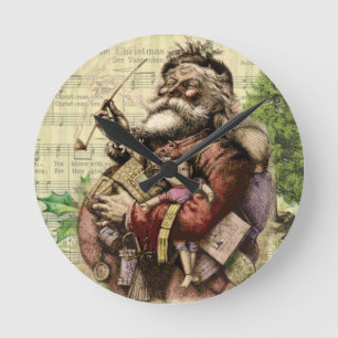Merry Santa Claus Tree Classic Illustration Round Clock