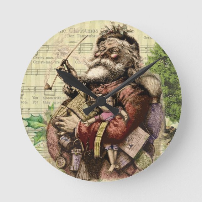 Merry Santa Claus Tree Classic Illustration Round Clock (Front)
