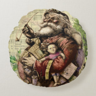 Merry Santa Claus Tree Classic Illustration Round Cushion