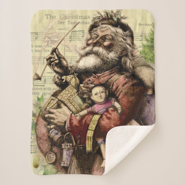 Merry Santa Claus Tree Classic Illustration Sherpa Blanket (Front)