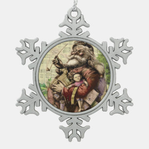 Merry Santa Claus Tree Classic Illustration Snowflake Pewter Christmas Ornament