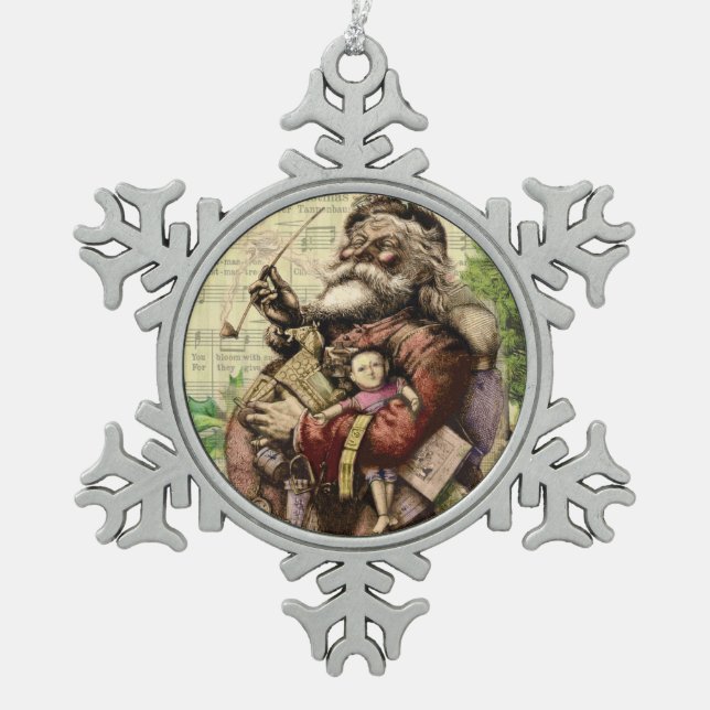 Merry Santa Claus Tree Classic Illustration Snowflake Pewter Christmas Ornament (Front)