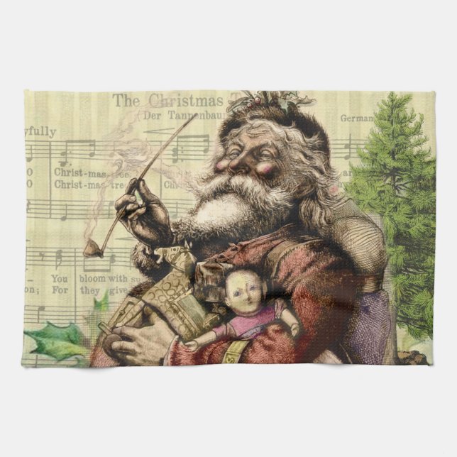 Merry Santa Claus Tree Classic Illustration Tea Towel (Horizontal)