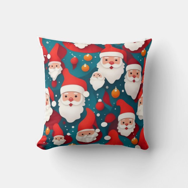 Merry Santa Faces Christmas Throw Pillow (Front)