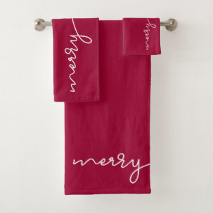 Merry Script   Christmas burgundy red Bath Towel Set