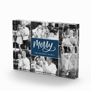 Merry Script Christmas Holiday Photo Collage Block