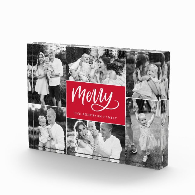 Merry Script Christmas Holiday Photo Collage Block (Right)