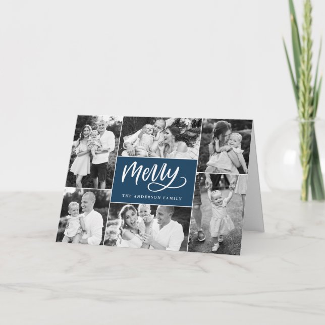 Merry Script Christmas Photo Collage Holiday Card (Front)
