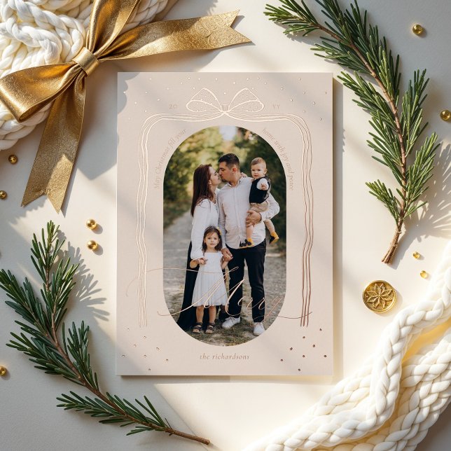 Merry Script Elegant Chic Christmas Bow Arch Photo Foil Holiday Card (Merry Script Elegant Chic Christmas Bow Arch Photo Foil Holiday Card)