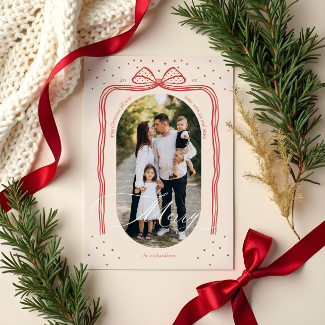 Merry Script Elegant Chic Christmas Bow Arch Photo Holiday Card (Merry Script Elegant Chic Christmas Bow Arch Photo Holiday Card)