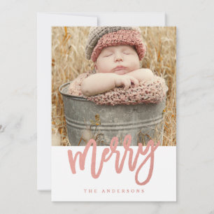 Merry Script Faux Rose Gold Foil Holiday Photo Card