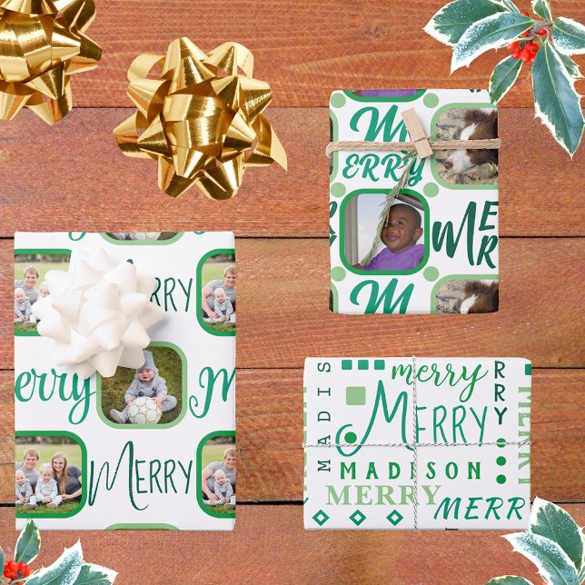 MERRY Script Green On White 4 Photo Christmas Wrapping Paper Sheet (Creator Uploaded)