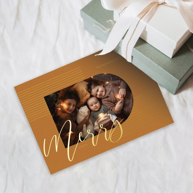 Merry Script Modern Stripe Photo Arch Frame Yellow Foil Holiday Card (Creator Uploaded)