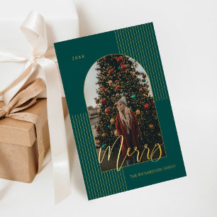 Merry Script Modern Stripes Photo Arch Frame Green Foil Holiday Card