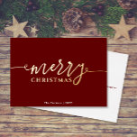 MERRY Script on Dark Red Christmas Gold Foil Holiday Card<br><div class="desc">This simple, elegant design features "merry CHRISTMAS" in gold foil. Click the customise button for more flexibility in modifying/adding text/photos and design elements! Variations of this design as well as coordinating products are available in our shop, zazzle.com/store/doodlelulu. Contact us if you need this design applied to a specific product to...</div>