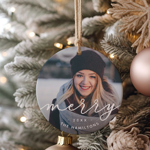 Merry Script Photo Ceramic Ornament