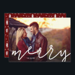 Merry Script Photo Overlay Holiday Card<br><div class="desc">Affordable custom printed holiday photo cards with simple templates for customisation. The front side features "merry" greeting in a modern hand-lettered style script overlay on your full bleed photo. Use the design tools to edit fonts and colours or upload more photos to create a unique one of a kind holiday...</div>
