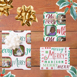 MERRY Script Red Green On White 4 Photo Christmas Wrapping Paper Sheet