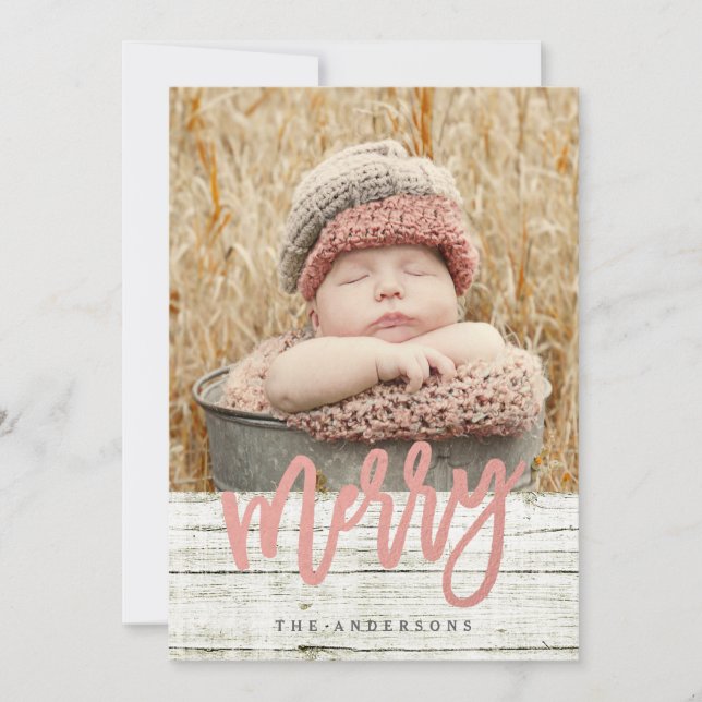 Merry Script Rose Gold Foil Rustic Wood Photo Holiday Card (Front)