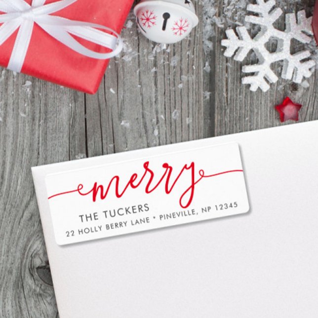 MERRY Script Simple Red Christmas Return Address Label (Creator Uploaded)